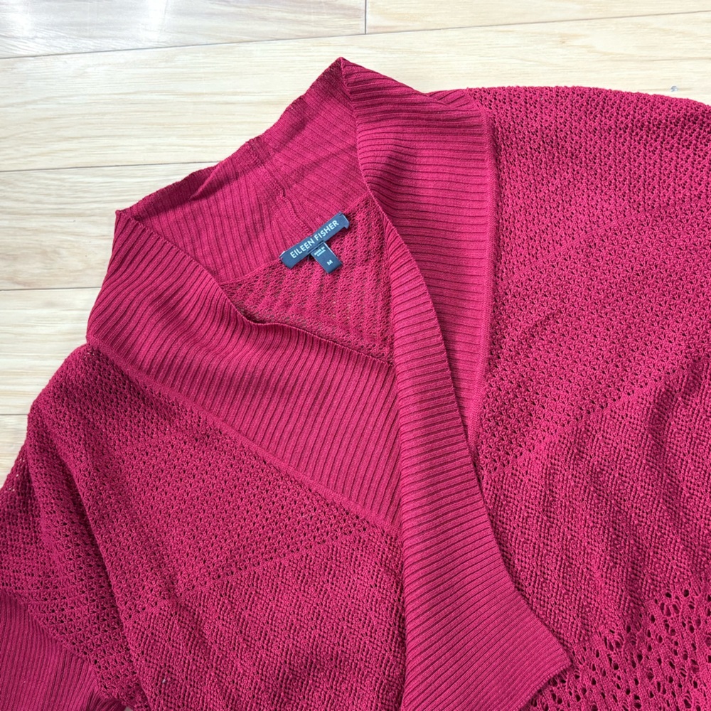 Eileen Fisher Silk Blend Cardigan Womens Sz M Red Open Knit Sweater